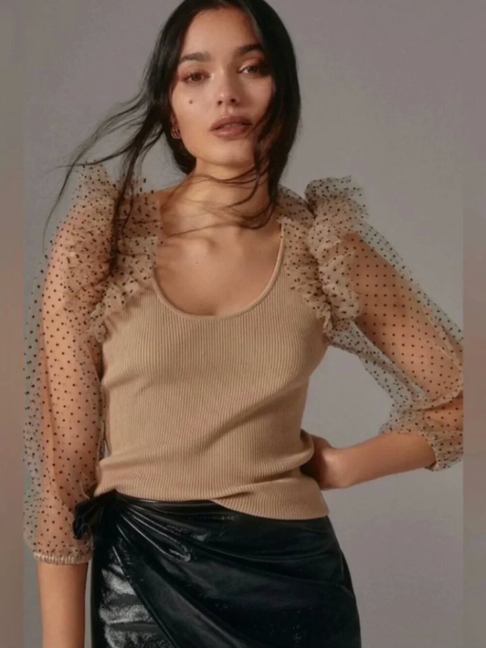Dolan | Anthropologie Sheer-Sleeve Sweater Top Tan & Black Polka Dot Size Medium